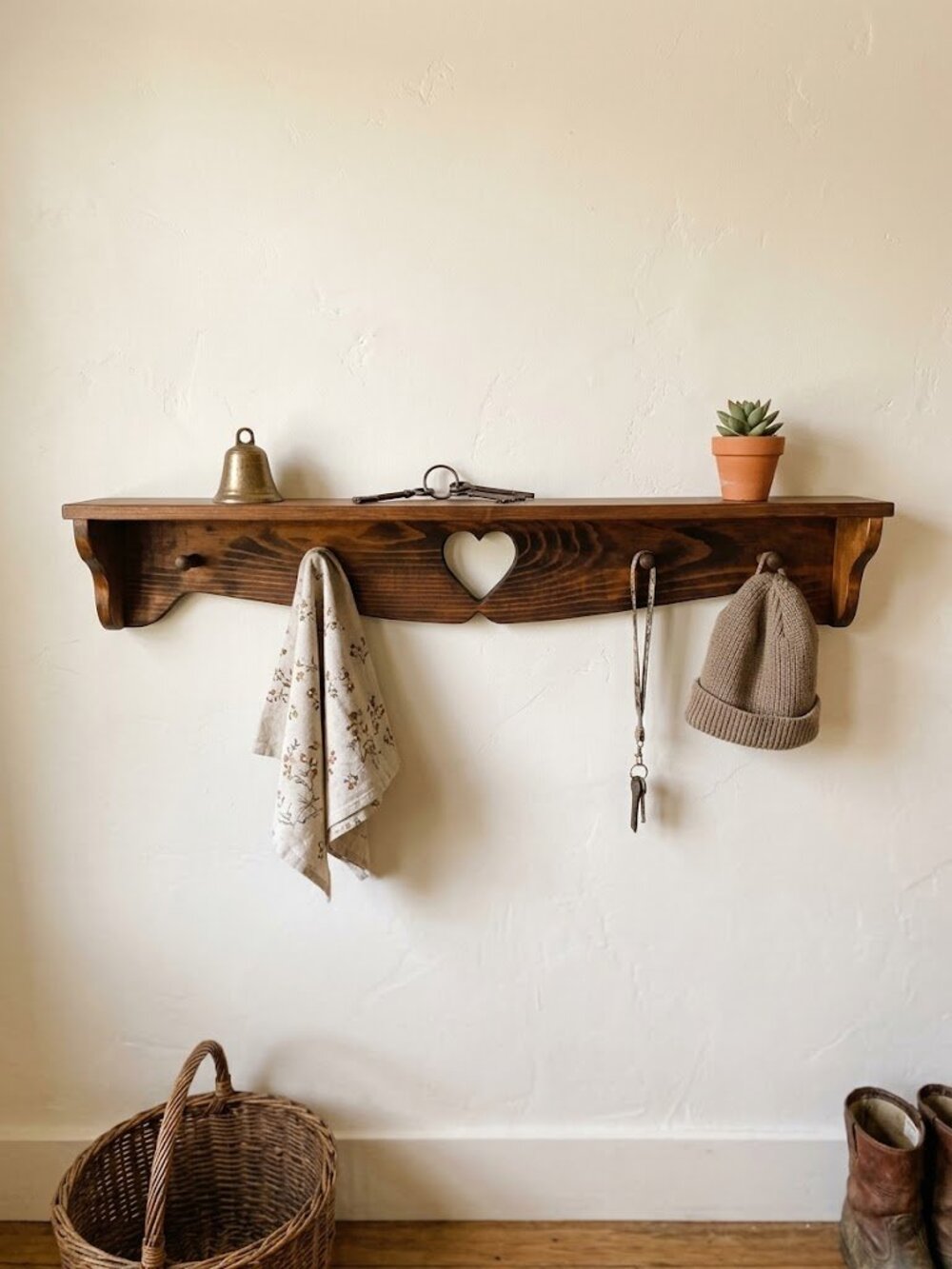 40" Long Wooden Heart Wall Shelf With 4 Pegs - Coat and Display